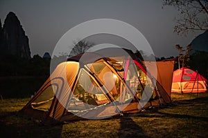 The tent camping site in the night at Vientiane, Laos.