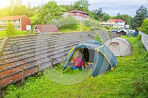 Tent at city camping at spring in Norway