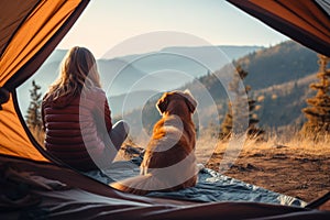 Tent companionship woman and dog savor outdoors, quality time together