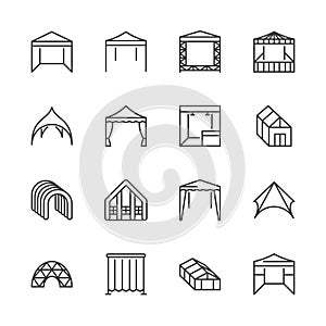 Tent flat line icons. Event pavilion, trade show awning, outdoor wedding marquee, canopy vector illustrations. Thin