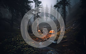 Tent in the forest. Camping in the mountains. Beautiful landscape. Generative AI