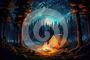 tent in the forest and a fire under the stars