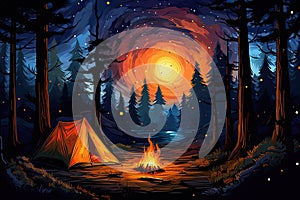 tent in the forest and a fire under the stars