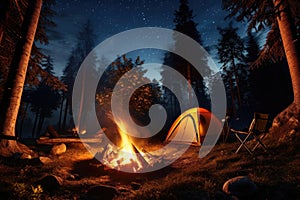 tent in the forest and a fire under the stars