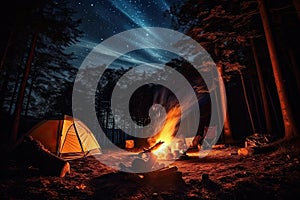 tent in the forest and a fire under the stars