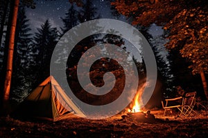 tent in the forest and a fire under the stars