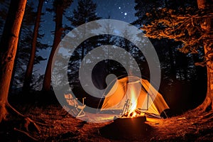 tent in the forest and a fire under the stars