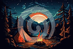 tent in the forest and a fire under the stars