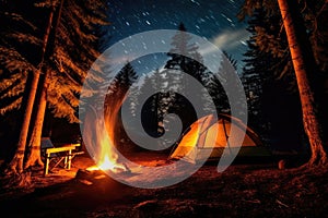 tent in the forest and a fire under the stars