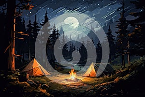 tent in the forest and a fire under the stars