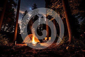 tent in the forest and a fire under the stars