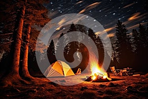 tent in the forest and a fire under the stars