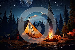 tent in the forest and a fire under the stars