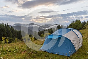 Tent in forest meadow