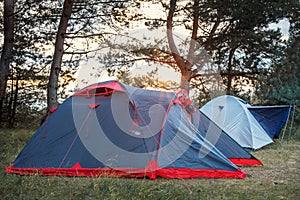 Tent on a glade in the forest in the rays of sunset