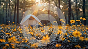 Tent in Grass With Sunlight Filtering Through Trees