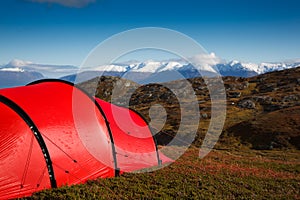 Tent in mountaineous terrain