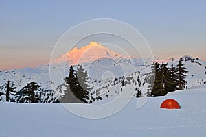 Tent and Mt Baker at sunrise, camping at Huntoon Point