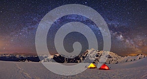 Tent and Mt Shuksan under Milky Way, camping at Huntoon Point