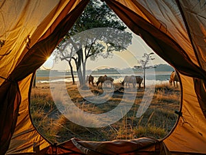 Tent in natural landscape, elephants grazing by lake, framed by trees and sky