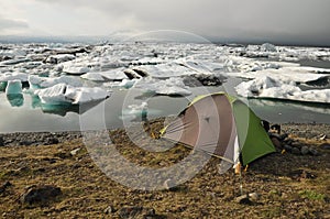 Tent near the glacier lake, Iceland