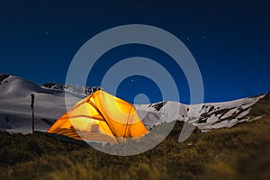 Tent near Muhu Pass, Karachay-Cherkessia. Caucasus Mountains at night