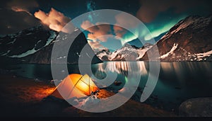 A tent in the night and northen lights in the sky