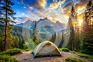 The Tent over great forest and mountains photo