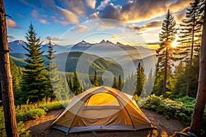 The Tent over great forest and mountains photo