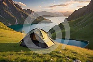 A Tent Perched Near a Lush Green Field Overlooking a Tranquil Lake