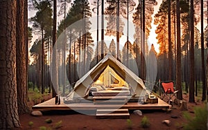 tent in the Pine forest retreat as the sun sets, a cozy luxuries camping tent stands amidst a serene pine forest, photo