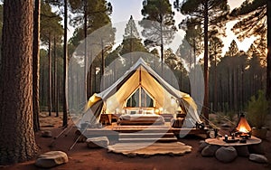 tent in the Pine forest retreat as the sun sets, a cozy luxuries camping tent