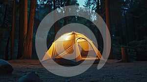 Tent Pitched in Dark, Forested Woods at Night photo