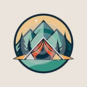 A tent pitched in a forest with mountains in the background, A minimalist logo of a tent pitched in the wilderness, minimalist