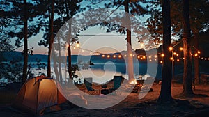 Tent Pitched by Lake in Night Setting