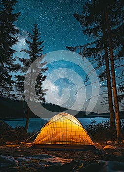 Tent Pitched on Lake Shore Under Night Sky photo