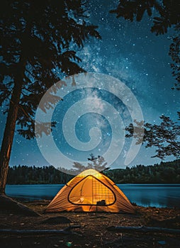 Tent Pitched on Lake Shore Under Night Sky photo