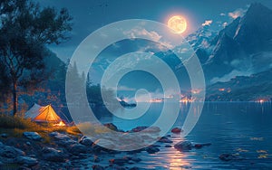 Tent is pitched on rocky shore of lake at night with full moon rising over the mountains.