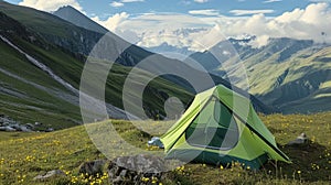A tent pitched up on a grassy hill