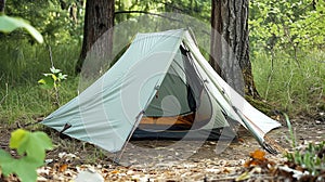 A tent is pitched up in the woods