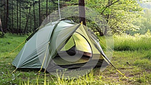 A tent is pitched up in the woods