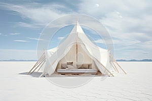 Tent on the salt flat of Salar de Uyuni, Bolivia, light white and wood tent in the white desert, AI Generated