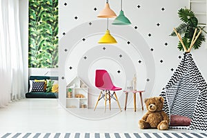 Tent in scandinavian child`s room