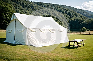 A tent set up in a field with a picnic table.