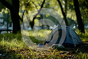 Tent set up outdoors on a city park, simple tent of houseless person in park, homeless tent camp on a city street photo