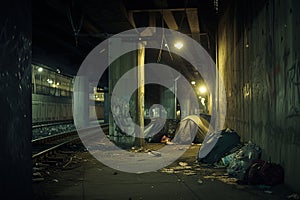 Tent set up outdoors on a city street under the bridge, simple tent of houseless person, homeless tent camp on a city