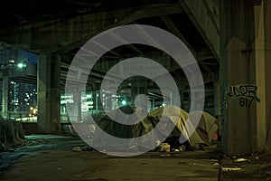 Tent set up outdoors under the bridge, simple tent of houseless person, homeless tent camp on a city street