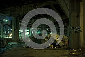 Tent set up outdoors under the bridge, simple tent of houseless person, homeless tent camp on a city street photo