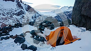 Tent in the snow near Fitz Roy mountain in the Patagonia region near El Chalten, Argentina.