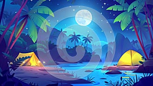 Tent in summer night tropic palm tree forest modern background. Moon in sky cartoon illustration. Adventure expedition